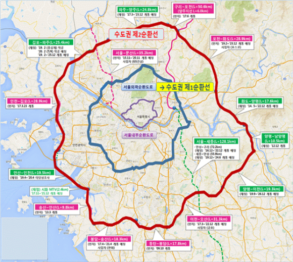 현행 서울외곽순환선 및 수도권 제2순환선 노선도/국토부