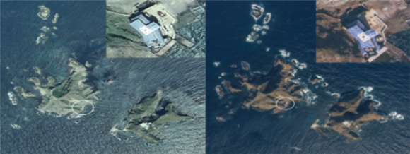 (왼쪽부터)기존 촬영과 고해상도 항공으로 촬영한 독도 모습. 지붕 위의 태극기를 선명하게 확인 가능하다./국토부