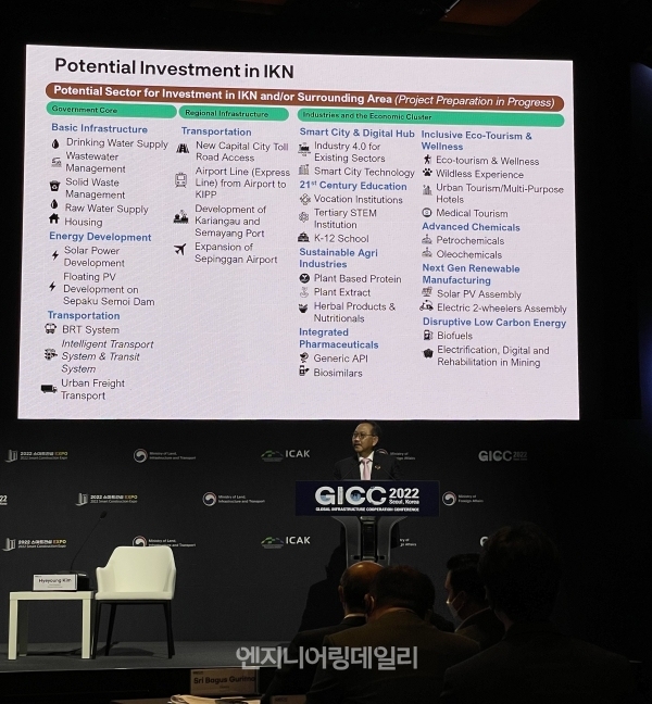 31일 서울 신라호텔에서 진행 중인 2022 글로벌 인프라 협력 콘퍼런스(GICC)에서 밤방 수산토노 인도네시아 신수도청 장관이 인도네시아 신수도 이전 사업과 관련해 설명하고 있다.