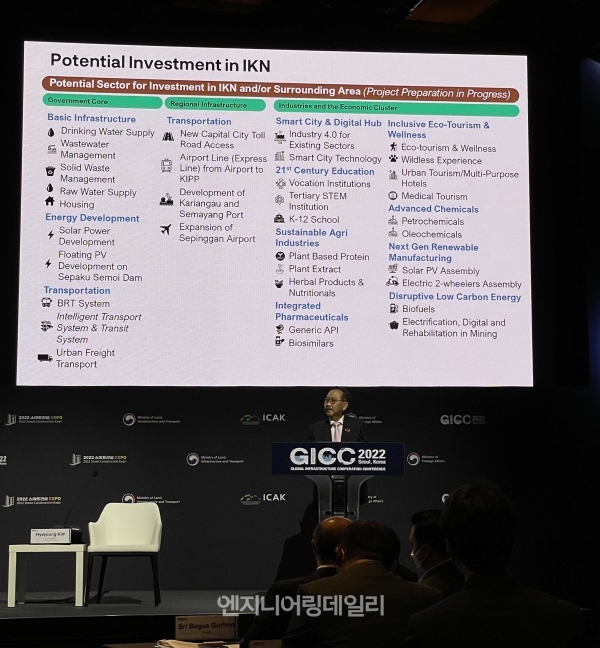 31일 서울 신라호텔에서 진행 중인 2022 글로벌 인프라 협력 콘퍼런스(GICC)에서  밤방 수산토노 인도네시아 신수도청 장관이 인도네시아 신수도 이전 사업과 관련해 설명하고 있다.